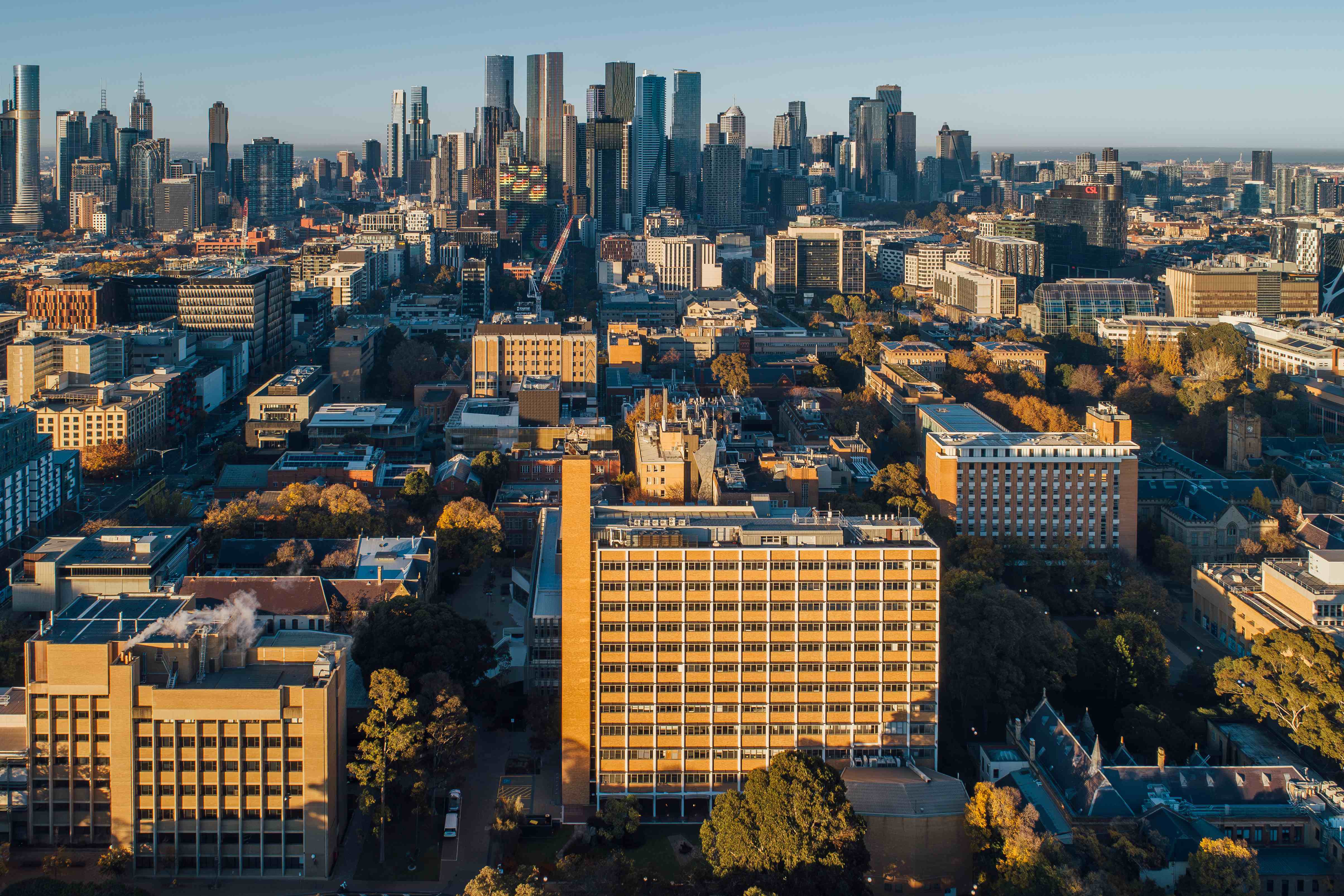 A drone photo of downtown Melbourne at dusk, taken from the university's Parkvilel campus. The School of Physics is visible in the lower left.